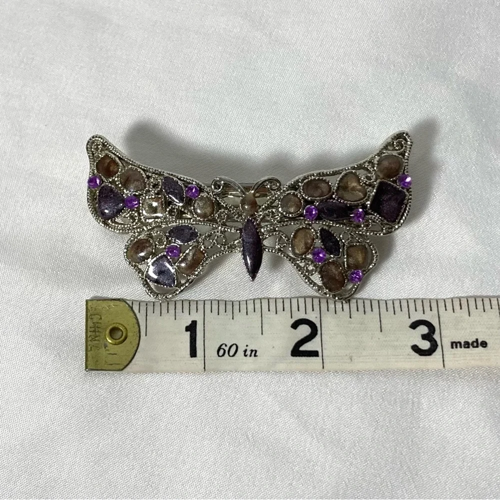 Metal Silver Curlicue Butterfly Barrette with Purple and Brown Glittery Stones - Picture 8 of 9